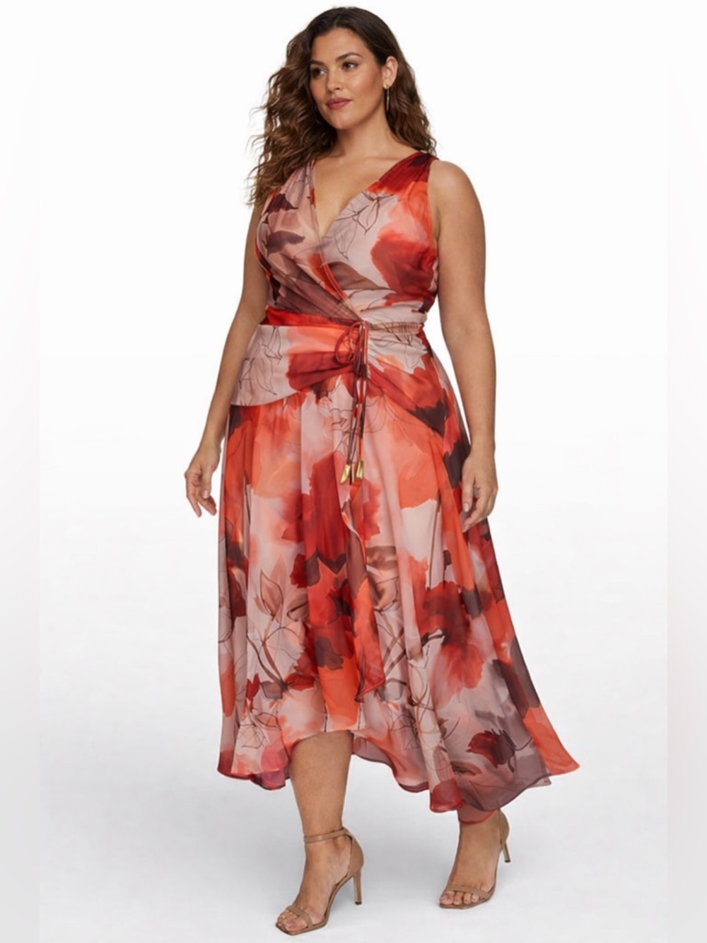 DKNY Donna Karan Floral Wrap Sleeveless Stretch Chiffon Midi Dress 14W NWT Plus - Picture 1 of 14
